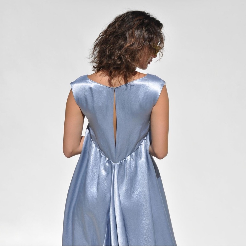 Collina Strada Dara Light Blue Satin Midi Dress Drapey Asymmetric Avant Garde - Picture 3 of 16